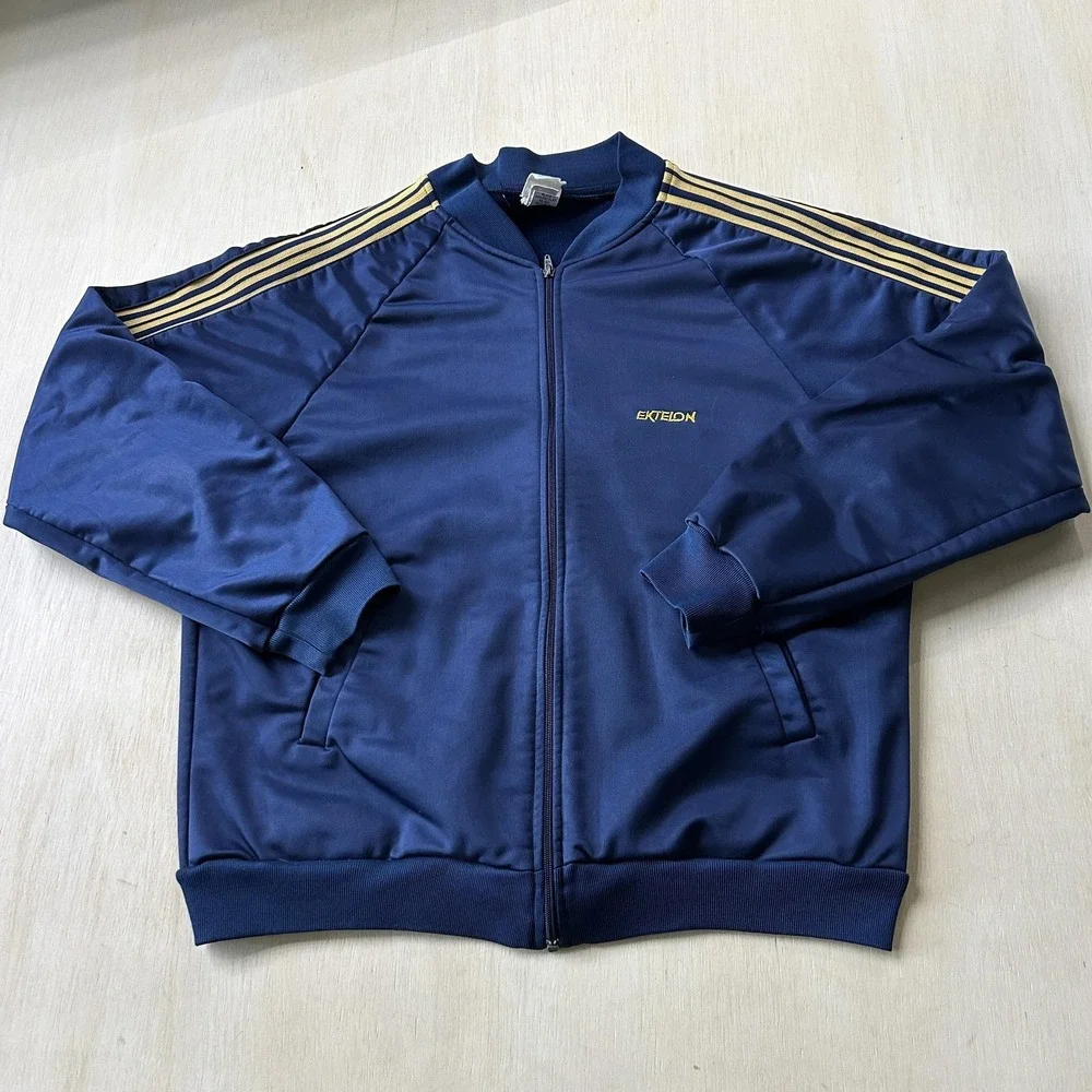 Vintage Ektelon Track Jacket Mens Large Blue Full Zip Striped Warm-Up Athletic